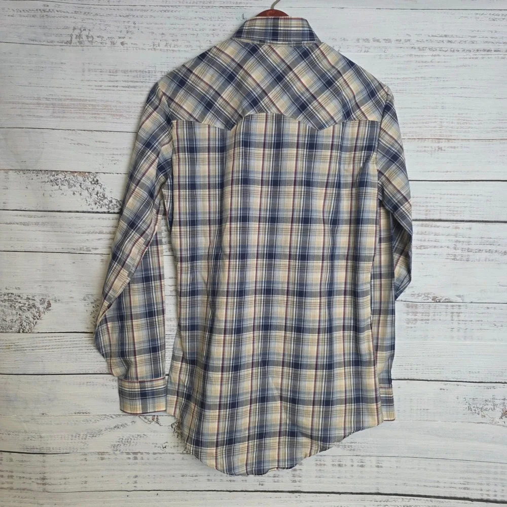 Vintage 1984 Levis Western Pearl Snap Shirt Mens Small Plaid Blue Tan Light Thin